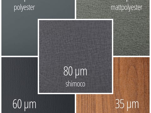 Overzicht van coatings voor muuraansluiting: polyester, mat, Shimoco, TTHD, structuurpolyester in houtlook